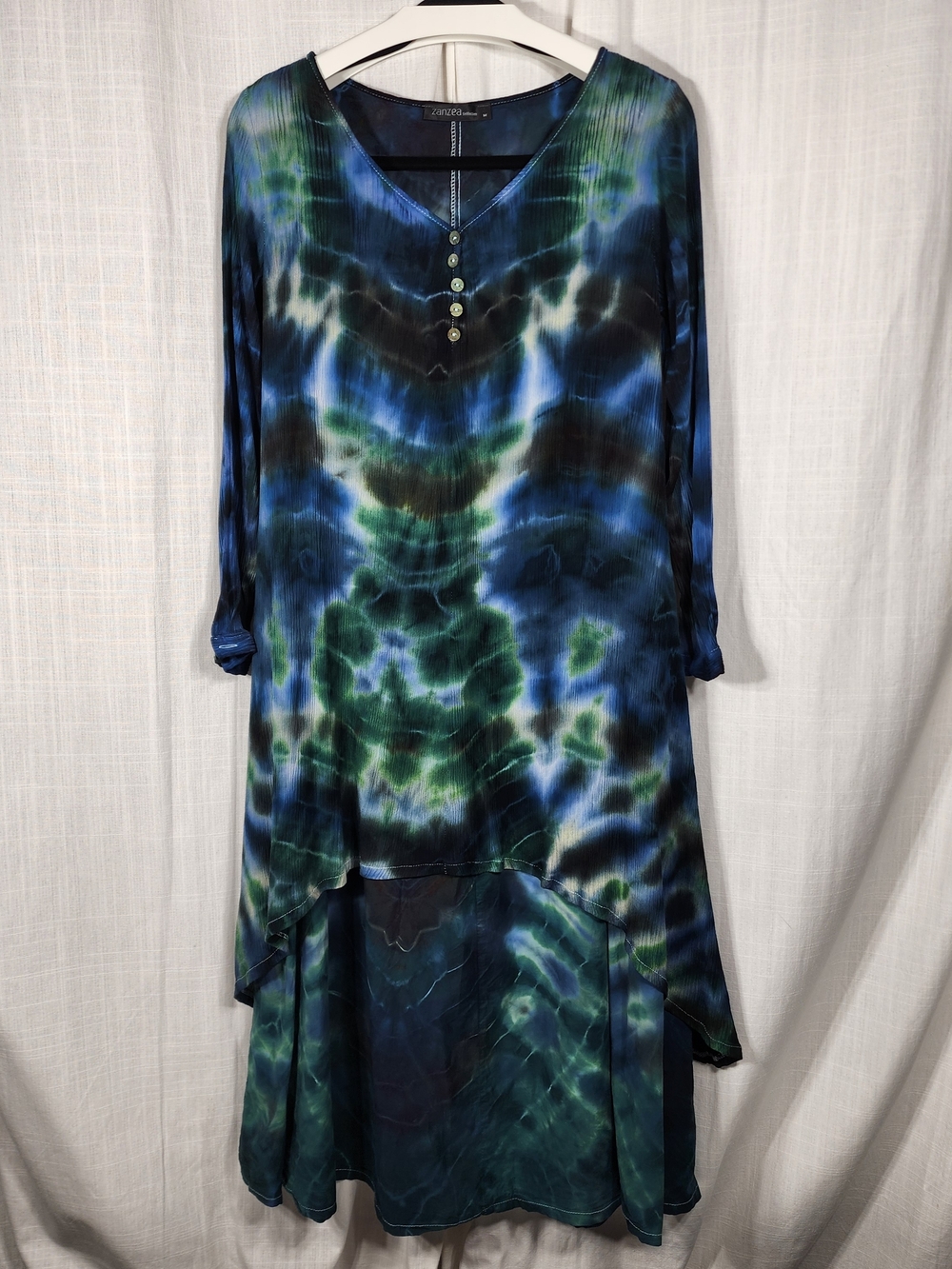 Zanzea Blue Green Tie-Dye V-Neck Multi Layer Dress